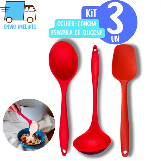 Kit Cozinha de Silicone 3 Un Colher Espátula e Concha de Silicone até 230º Graus não Risca Panelas