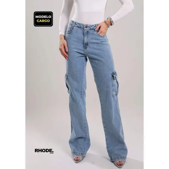 Calça Cargo Jeans Feminina Cintura Alta