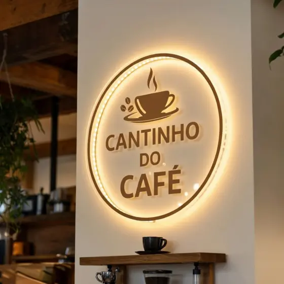 Logo Cantinho do Café | Acrílico Espelhado c/ LED | Placa Decorativa