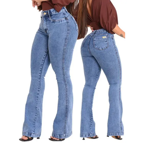 Calça Flare Cintura Alta Modeladora Jeans Feminina Cos Alto Empina Bumbum Feminino Modelador Elegância e Conforto