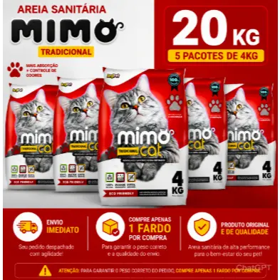 Kit 5 Areia Sanitária Higiênica Argila Natural para Gatos Grãos Médios Tradicional 20 kg Mimo Cat