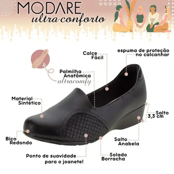 Sapato Modare Feminino Ortopédico Joanete Ultraconforto Leve Antiderrapante