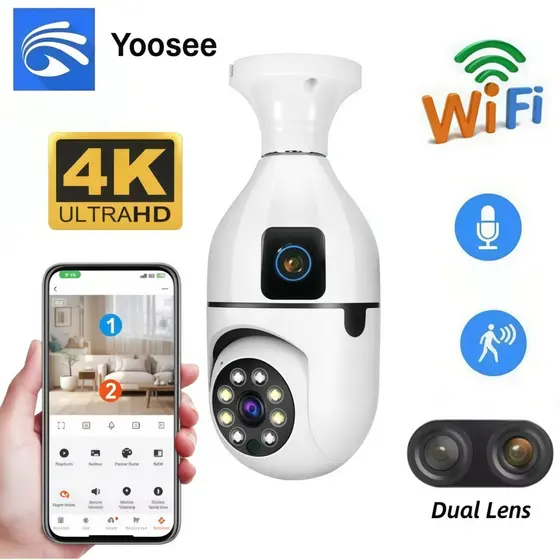Câmera Dupla-lentes 8MP 4K Wifi Lâmpada Segurança – Visão Panorâmica 360° HD para Interior e Exterior YOOSEE