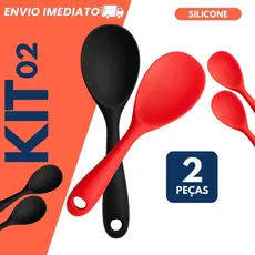 Kit 2 Unidades Colher de Silicone Servir Utensílio Multiuso para Panela Arroz Sopa Cozinha 21cm
