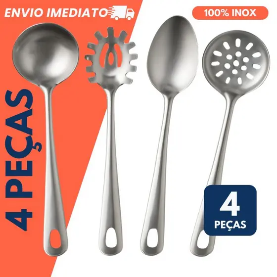 Kit Utensílios de Cozinha Inox 4 Peças – Pegador, Escumadeira, Colher de Arroz e Concha