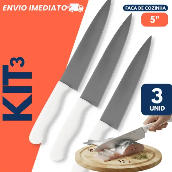 Kit 3 Faca Profissional Peixeira Inox 5 Polegadas 24,5cm Chef Churrasco Peixe Legumes Carne
