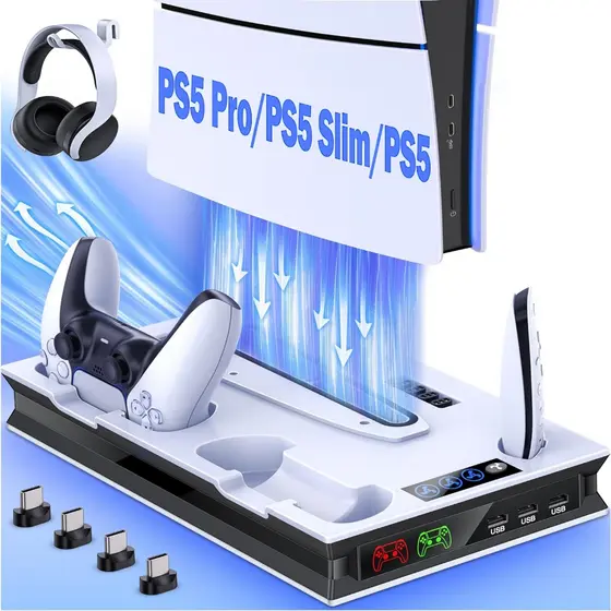 Suporte PS5 com 2 Ventoinhas, Estação de Carregamento Rápido para 2 Controles, Base Vertical para PS5/PS5 Slim/Pro