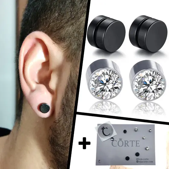 Brinco De Pressão Não Precisa de Furo Par 2 Unidades Preto Zircônia Falso Alargador 10mm, 8mm, 6mm Masculino Feminino