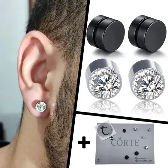 Brinco De Pressão Par 2 Unidades Zircônia Preto Brinco Falso Alargador 10mm, 8mm, 6mm Masculino Feminino