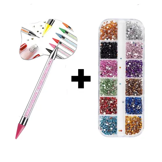kit com Kit Estojo Strass Colorido Para Maquiagem e Nail Art + Caneta Pega Strass