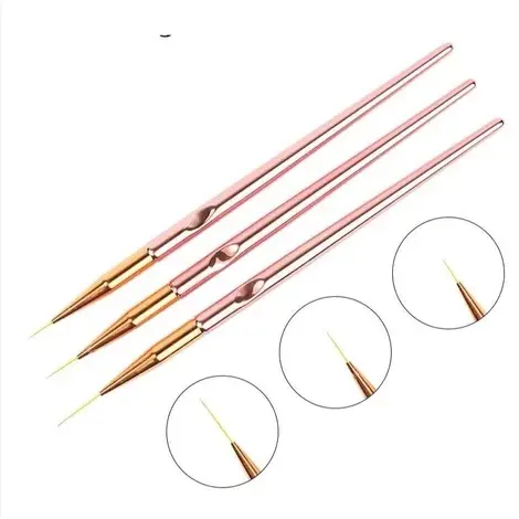 Kit de 3 Pinceis Fino para Decoração Unha Nail Art Rose Perolado