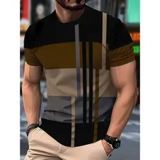 Camiseta Masculina Casual Colorida Em Bloco – Elegante Preto , Bege E Cinza Com Listras Verticais , Gola Redonda , Laváv