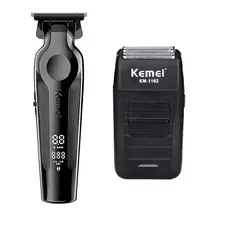 Kit 2 Máquinas de Acabamento Profissional Barbearia Kemei KM-264 Preto KM-1102 Shaver sem fio