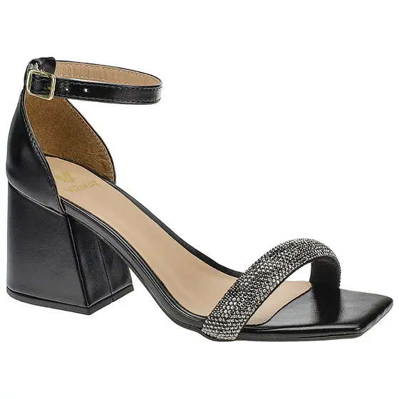 Sandália com Brilho Strass Pedraria Feminina Salto Grosso Bloco Moderna Fashion 300-135