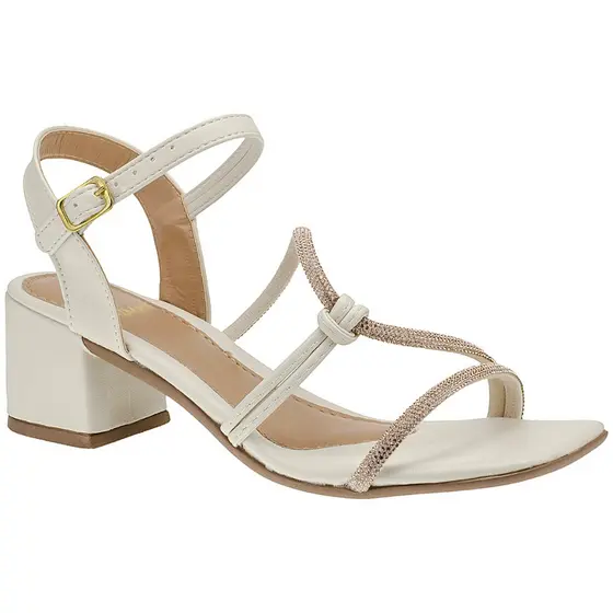 Sandália Salto Baixo Tiras Strass Moderna Off White Brilho Saltinho 1012