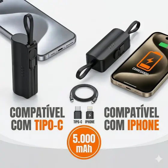 Power Bank 5000mAh Alta Capacidade 2 em 1 Sem Fio, Carregador Portátil Compatível com iPhone e Tipo-C