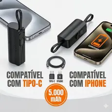 Power Bank 5000mAh Alta Capacidade 2 em 1 Sem Fio, Carregador Portátil Compatível com iPhone e Tipo-C