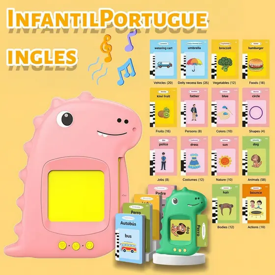 Cartão Educativo Infantil Dino 224 Palavras | Fala Inglês e Português - Alfabetização Apraxia Autismo