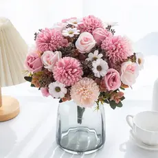 Flores artificiais 6 cabeças bola de outono crisântemo rosa--9614