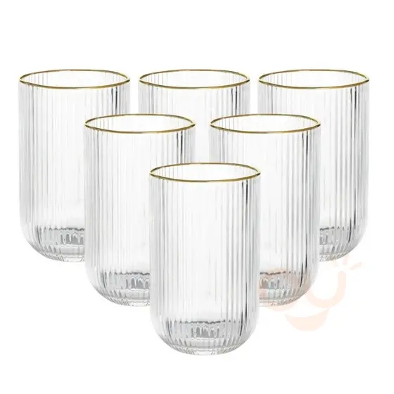 Jogo 6 ou 12 Copos Versalhes canelado Gold Vidro Filete Borda Dourada 420ml