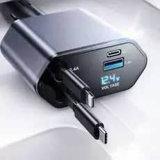 Carregador Veicular 4 em 1 com Giro 180° – USB-C + Lightning, Alta Velocidade e Praticidade