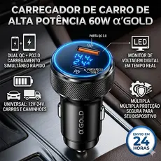Carregador Veicular Turbo 60W USB e Tipo C com Carregamento Rápido Universal