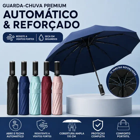 Guarda-Chuva Automático Reforçado Abre e Fecha – Anti Vento, Proteção Solar Blackout UV + Bolsa Portátil