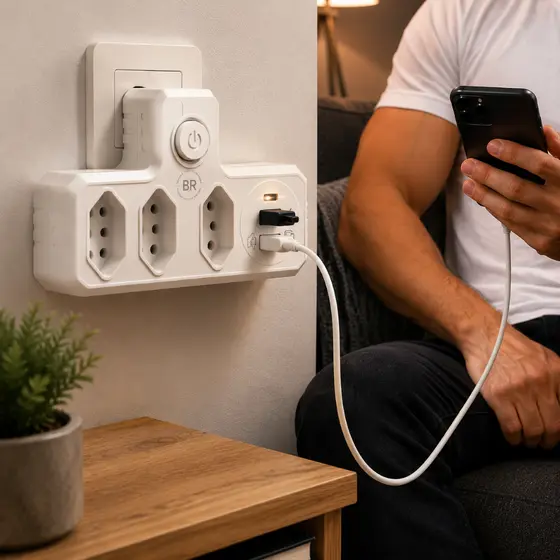 Benjamim Adaptador Universal 3 Tomadas + 2 USB (USB-A e Tipo-C) com Filtro de Linha – Design Inteligente