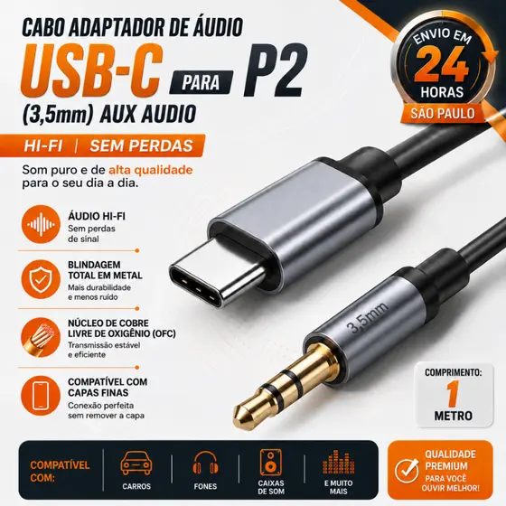 Cabo de Áudio Tipo C para 3.5mm Macho Trançado Adaptador para Fone de Ouvido e Caixa de Som