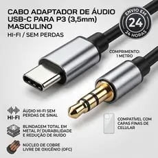 Cabo de Áudio Tipo C para P2 3.5mm – Alta Fidelidade para Fone e Caixa de Som