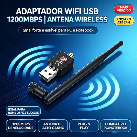 Adaptador Wi-Fi USB Antena Wireless Receptor de Internet Para PC Desktop e Notebook Windows 7/8/10/11 e Linux