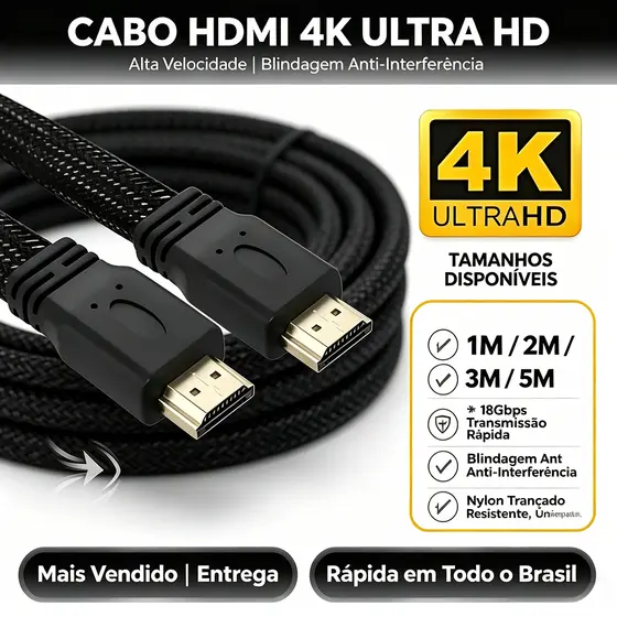 Cabo HDMI 4K Ultra HD 1M 2M 3M 5M – Reforçado com Revestimento Interno e Nylon Externo