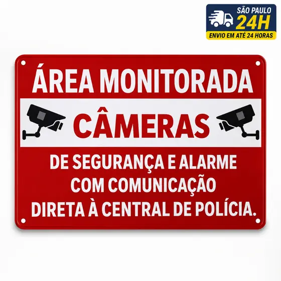 Placa Área Monitorada Câmeras de Segurança e Alarme Aviso PVC Sinalização Residencial Comercial