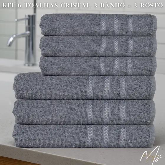 KIT 6 Toalhas CRISTAL - (3 banho + 3 rosto) 100% ALGODÃO - Linha Cristal.