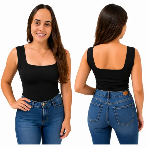 Regata Feminina Suplex Decote Quadrado Alça Larga Blusa Básica Tecido Duplo no Busto Justa ao Corpo