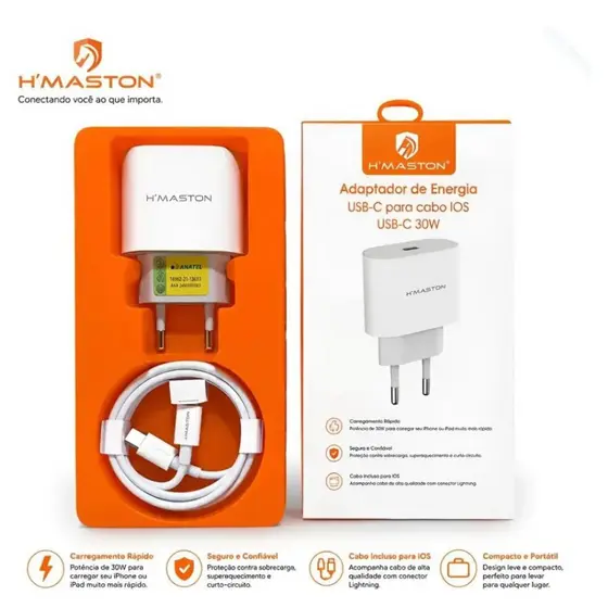 Carregador iPhone Turbo 30W Fonte e Cabo Compatível Com iPhone 11 12 13 14