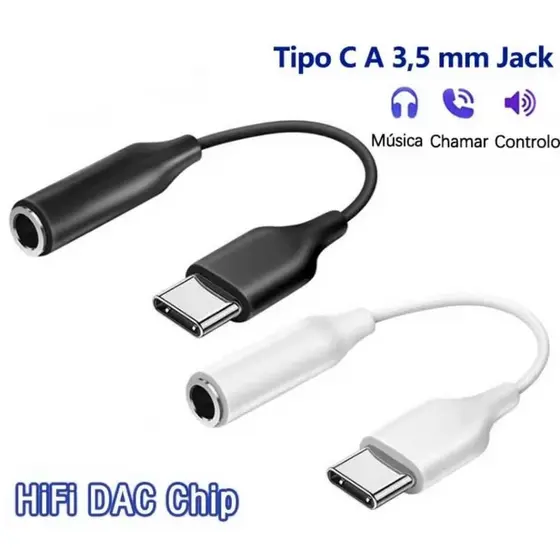 Adaptador Conector Tipo-C Ideal Para Fone De Ouvido Com Chip Dac Entrada P2 Branco Preto
