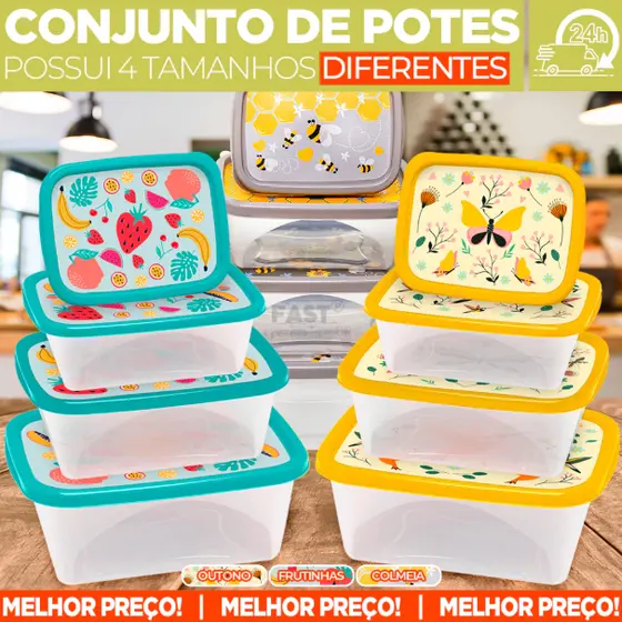 Kit 4 Potes Plástico Resistente Retangular Alta Vedação Vai ao Microondas Freezer 220/420/750/1270ml