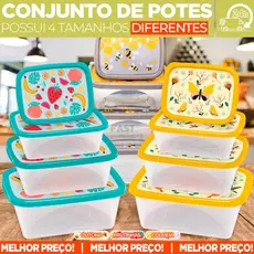 Kit 4 Potes Plástico Resistente Retangular Alta Vedação Vai ao Microondas Freezer 220/420/750/1270ml