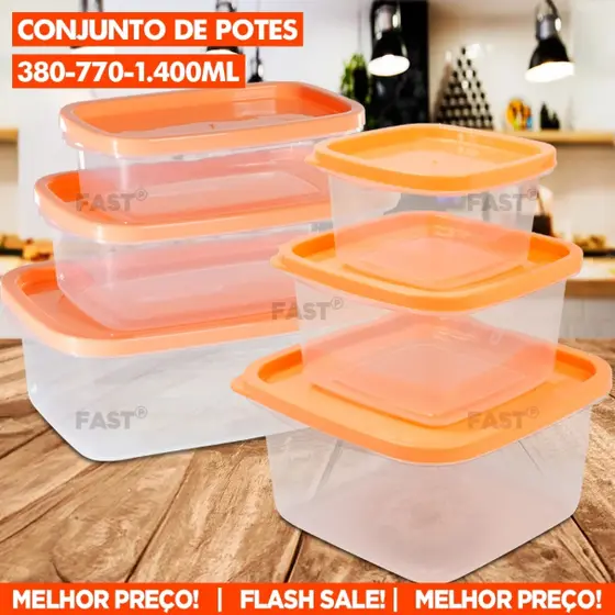 Kit 6 Potes Conjunto de Pote Plástico Quadrado ou Retangular Tampa Alta Vedação 380ml 770ml 1400ml