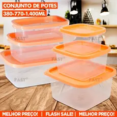 Kit 6 Potes Conjunto de Pote Plástico Quadrado ou Retangular Tampa Alta Vedação 380ml 770ml 1400ml