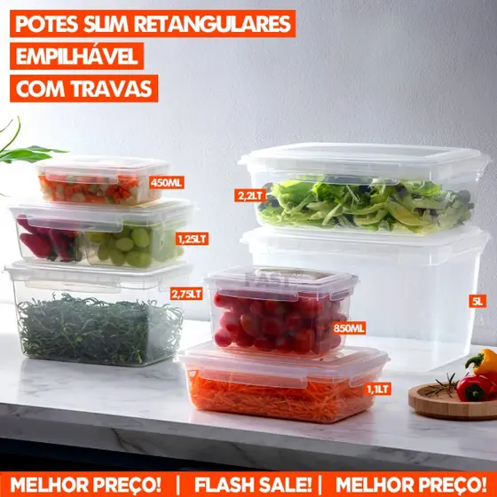 Kit Conjunto de 7 Potes e Marmita Tampa Com Trava Hermética Organizador de Geladeira Comida Fitness