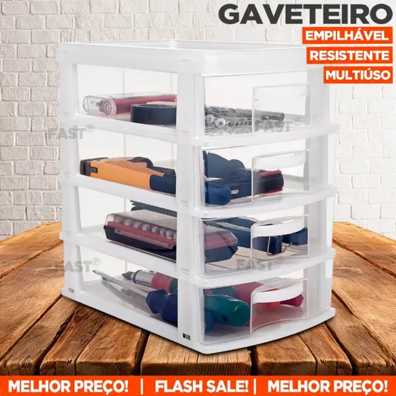 Gaveteiro Escrivaninha Organizador Com 4 Gavetas Grandes Plástico Reforçado Empilhável Multiúso Casa