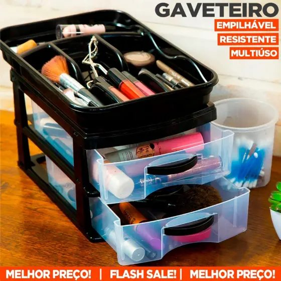 Gaveteiro Escrivaninha Organizador Com 2 Gavetas Grandes Plástico Reforçado Empilhável Multiúso Casa