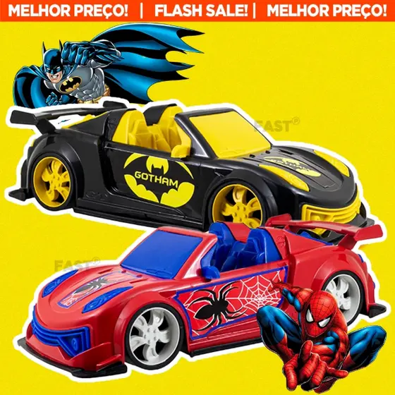 Carrinho de Brinquedo Infantil Carro do Batman Gotham e Homem Aranha Spider Man Colecionável