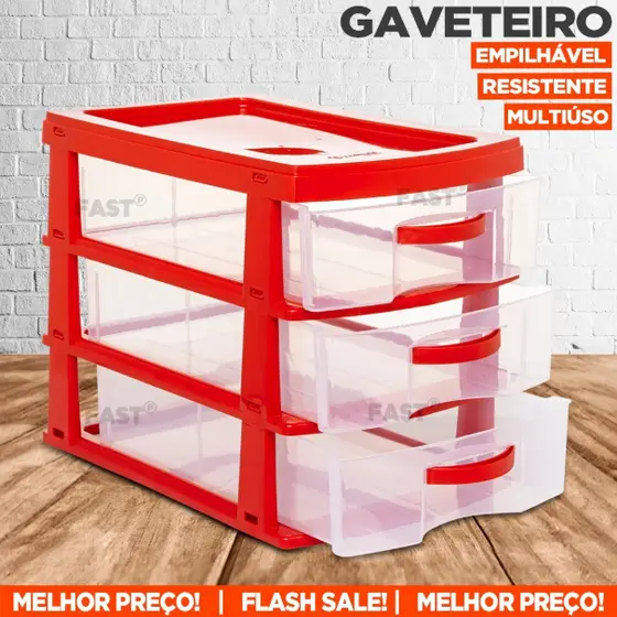 Gaveteiro Escrivaninha Organizador Com 3 Gavetas Grandes Plástico Reforçado Empilhável Multiúso Casa