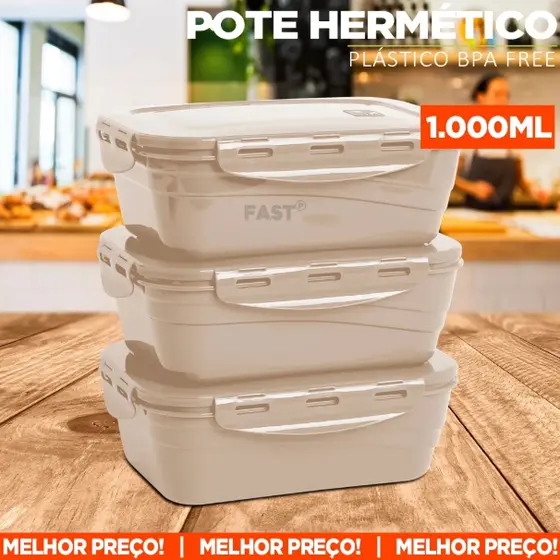 Kit 3 Potes Hermético 1.000ml Plástico Tampa Vedação Organizador de Geladeira Marmita vai ao Freezer
