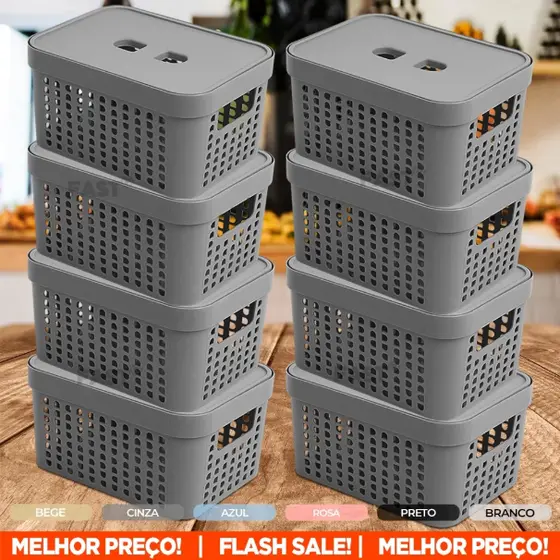 Kit 8 Cesto Organizador Rattan 2L Caixa C/ Tampa Plástico Resistente Organiza Gaveta Armário Cozinha