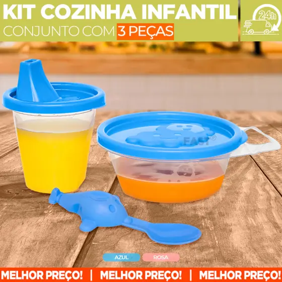 Kit Utensilios Infantil Tigela 290ml Com Alça Copo 245ml Colher Aviãozinho Alimentação Bebê BPA FREE