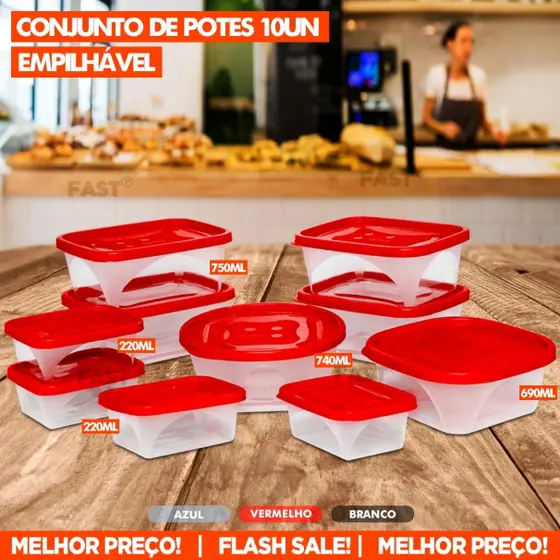 Kit 10 Potes Plásticos Prático Jaguar Organizadores de Cozinha Geladeira Armário Marmita Resistente